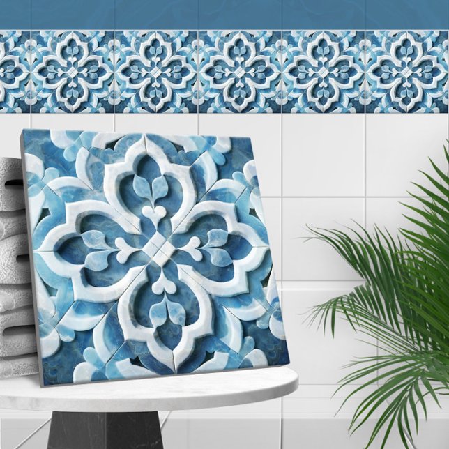 Moroccan Quatrefoil Blue and White Marble Tile (Creator Uploaded)