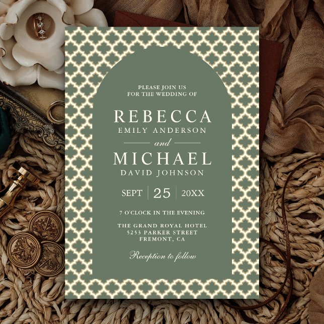 Moroccan Quatrefoil Boho Sage Green Arch Wedding Invitation (Creator Uploaded)