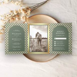 Moroccan Quatrefoil Boho Sage Green Arch Wedding Tri-Fold Invitation
