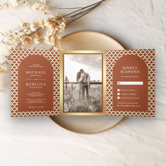 Moroccan Quatrefoil Boho Terracotta Arch Wedding Tri-Fold Invitation (Creator Uploaded)
