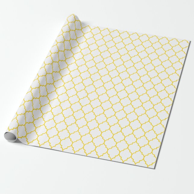 Moroccan Quatrefoil Golden Yellow on White Wrapping Paper (Unrolled)