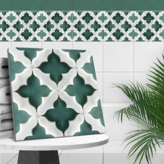 Moroccan Quatrefoil Muted Green and White Marble Tile