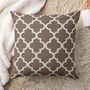 Moroccan Quatrefoil Pattern Brown and Beige Cushion