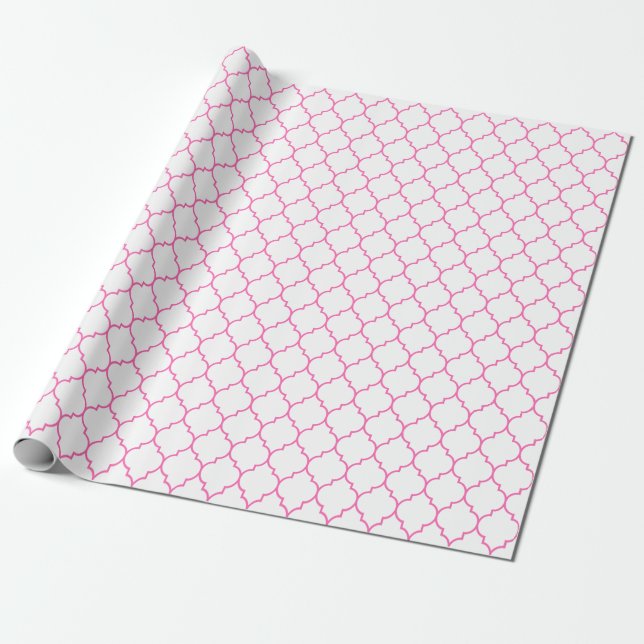 Moroccan Quatrefoil Pink on White Wrapping Paper (Unrolled)