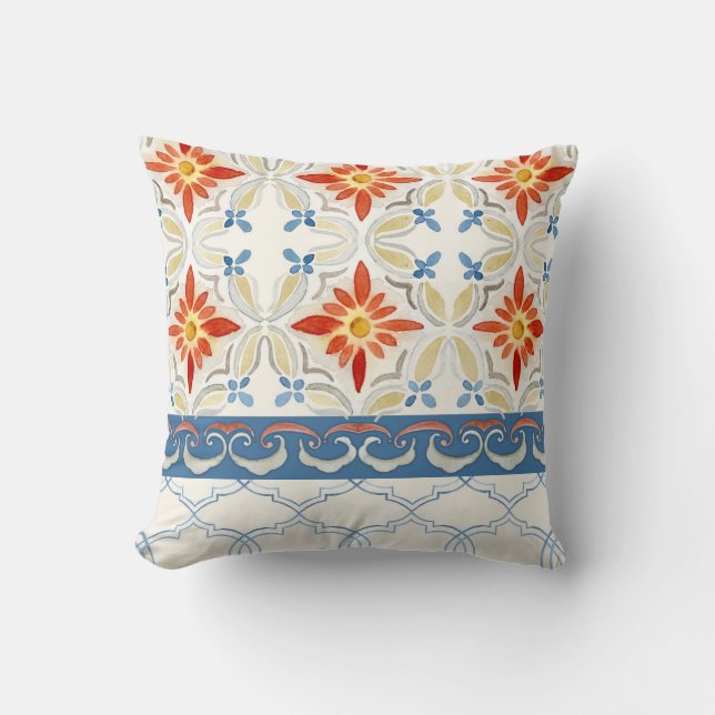 Moroccan Quatrefoil Tile Floral Pattern Watercolor Cushion (Front)
