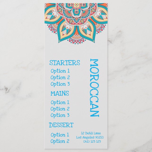 Moroccan restaurant dinner menu (Front)