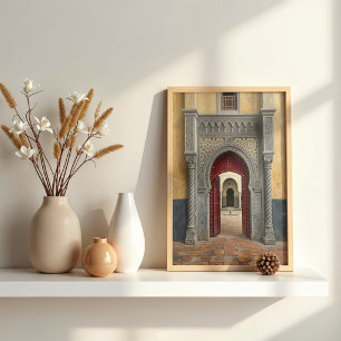 Moroccan Riad Crimson Red Door Oil Painting Poster
