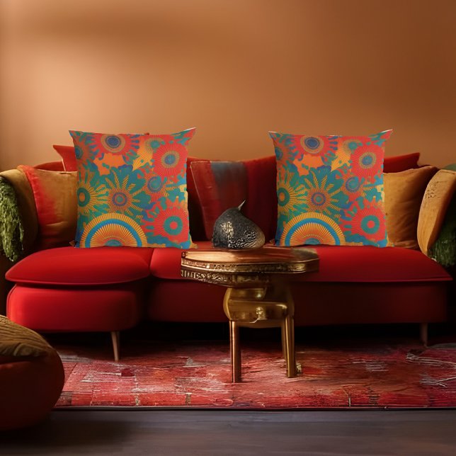 Moroccan style gold red orange teal blue Mandela 2 Cushion (Creator Uploaded)