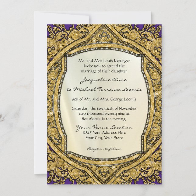 Moroccan Swirl Scroll Gold Glitter Elegant Wedding Invitation (Front)
