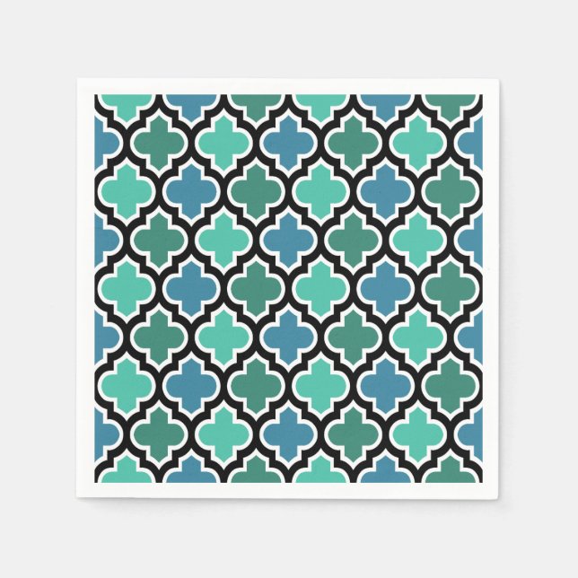 Moroccan Teal Turquoise Blue Quatrefoil Pattern Napkin (Front)