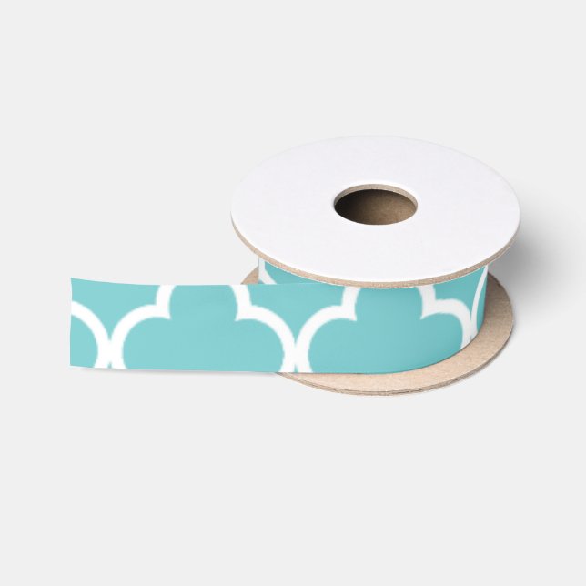 Moroccan Teal White Quatrefoil Pattern Satin Ribbon (Spool)