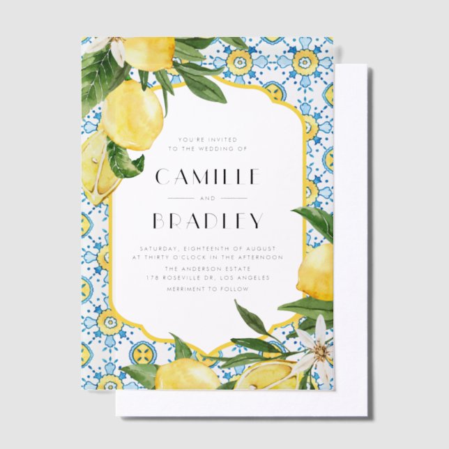 Moroccan Tile and Lemons Mediterranean Wedding Vellum Invitations (Offset)
