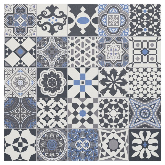 Moroccan tile black,blue,grey fabric (Swatch)
