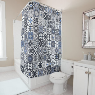 Moroccan tile black,blue,grey shower curtain