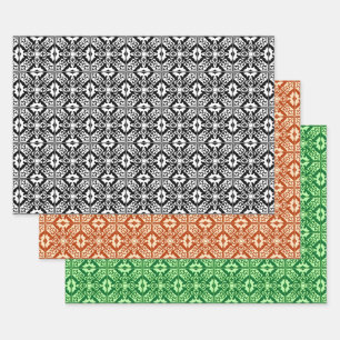 Moroccan Tile, Black/White, Orange, Jade Green   Wrapping Paper Sheet