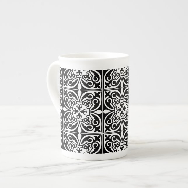 Moroccan tile - black with white background bone china mug (Front Left)