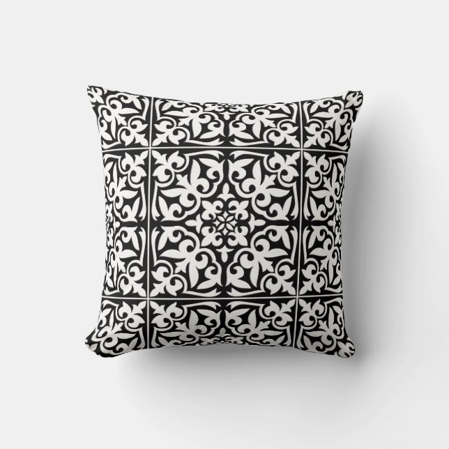 Moroccan tile - black with white background cushion (Front)
