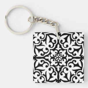Moroccan tile - black with white background key ring