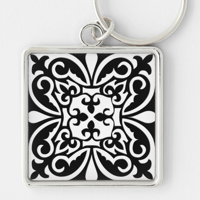 Moroccan tile - black with white background key ring (Front)