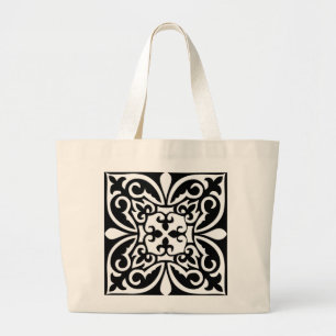 Moroccan tile - black with white background large tote bag