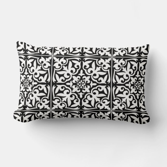 Moroccan tile - black with white background lumbar cushion (Front)