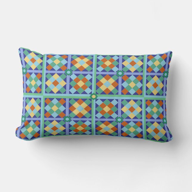 Moroccan tile blocks in blue teal gold terracotta lumbar cushion (Front)