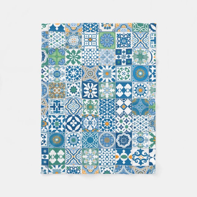 Moroccan tile - blue and green fleece blanket (Front)