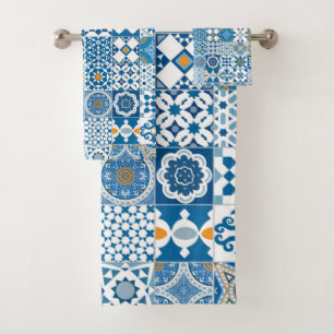 Moroccan tile - blue and orange bath towel set