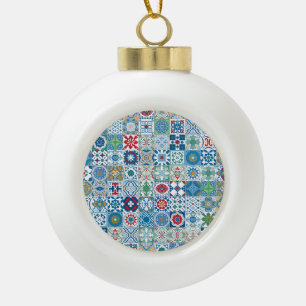 Moroccan tile - blue and red ceramic ball christmas ornament