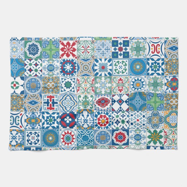 Moroccan tile - blue and red tea towel (Horizontal)