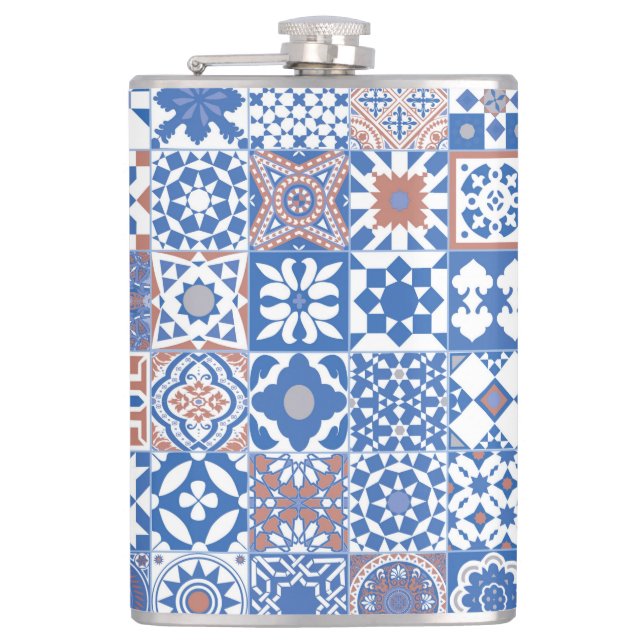 Moroccan tile blue,brown hip flask (Front)