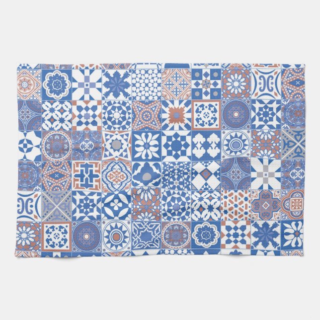 Moroccan tile blue,brown tea towel (Horizontal)