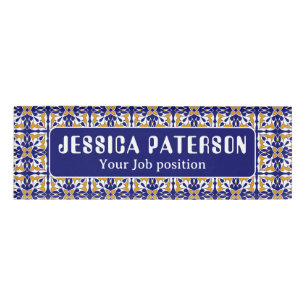 Moroccan Tile Blue Yellow Vintage Bohemian Pattern Name Tag