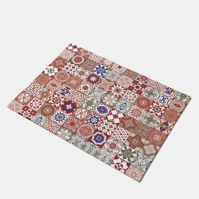 Moroccan tile - burgundy and blue doormat (Angled)