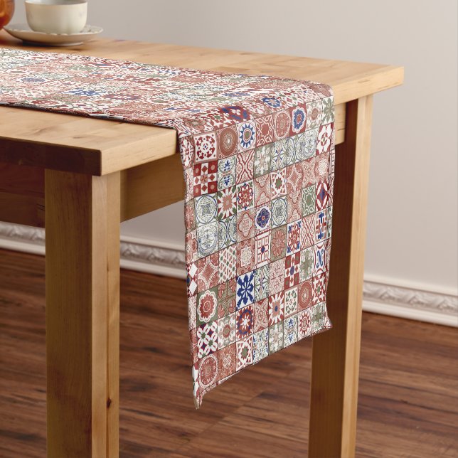 Moroccan tile - burgundy and blue short table runner (In Situ)