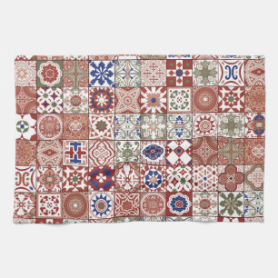 Moroccan tile - burgundy and blue tea towel