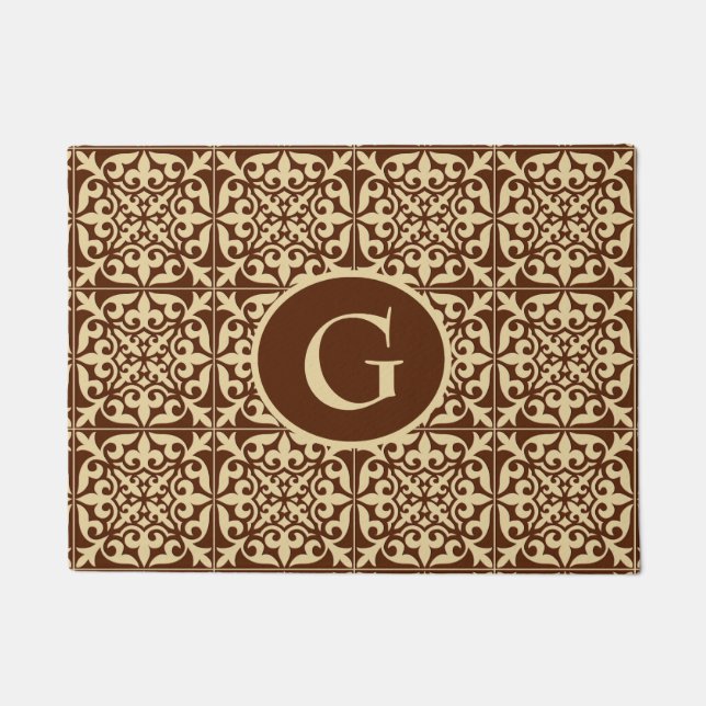 Moroccan tile, chocolate brown, with monogram doormat (Front)