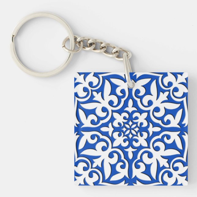 Moroccan tile - cobalt blue and white key ring (Front)