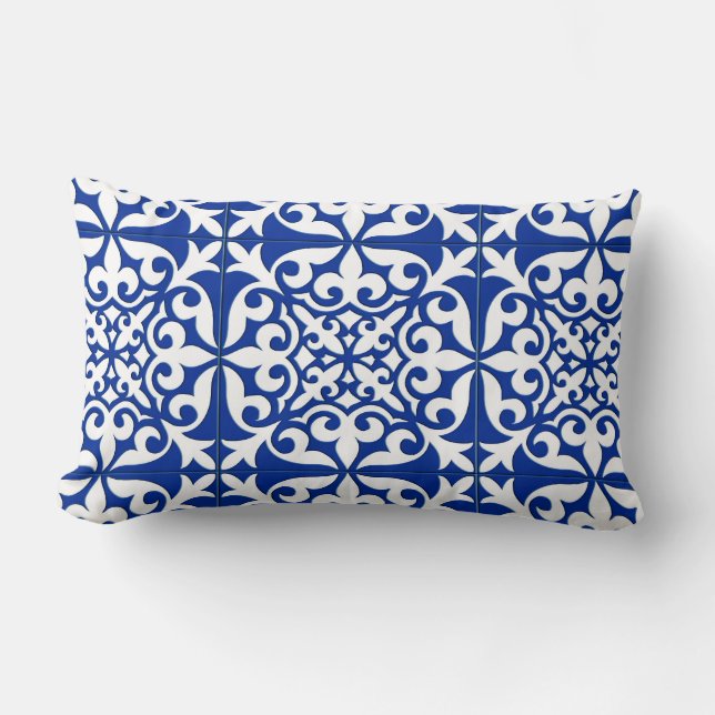 Moroccan tile - cobalt blue and white lumbar cushion (Front)