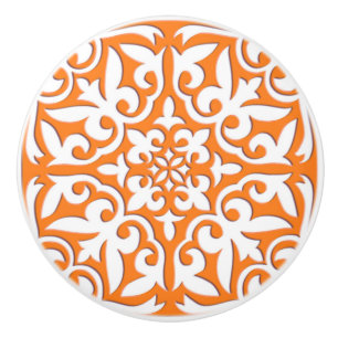 Moroccan tile - coral orange and white ceramic knob