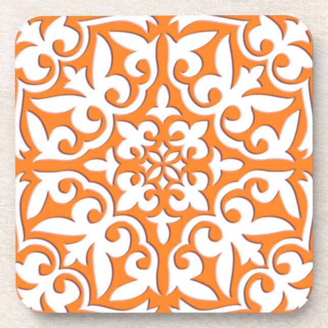 Moroccan tile - coral orange and white coaster (Front)