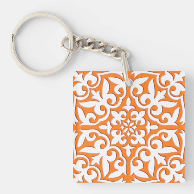 Moroccan tile - coral orange and white key ring (Front)