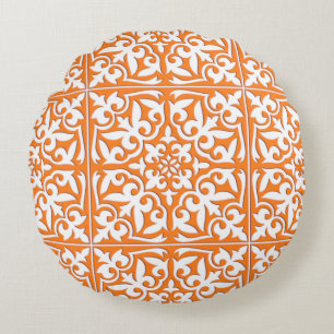 Moroccan tile - coral orange and white round cushion