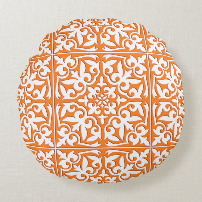 Moroccan tile - coral orange and white round cushion (Front)