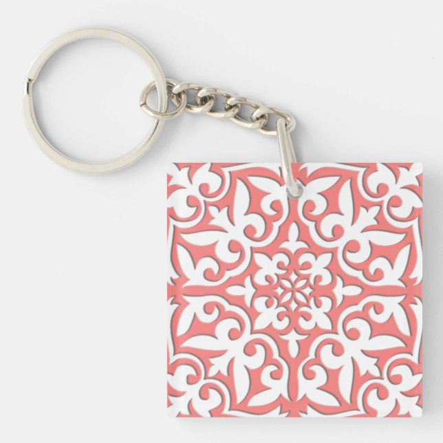 Moroccan tile - coral pink and white key ring (Front)