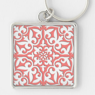Moroccan tile - coral pink and white key ring