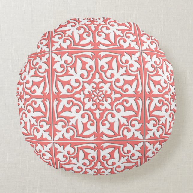 Moroccan tile - coral pink and white round cushion (Front)