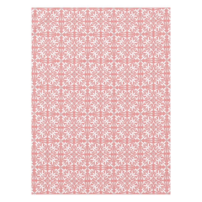 Moroccan tile - coral pink and white tablecloth (Front)