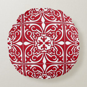 Moroccan tile - dark red and white round cushion