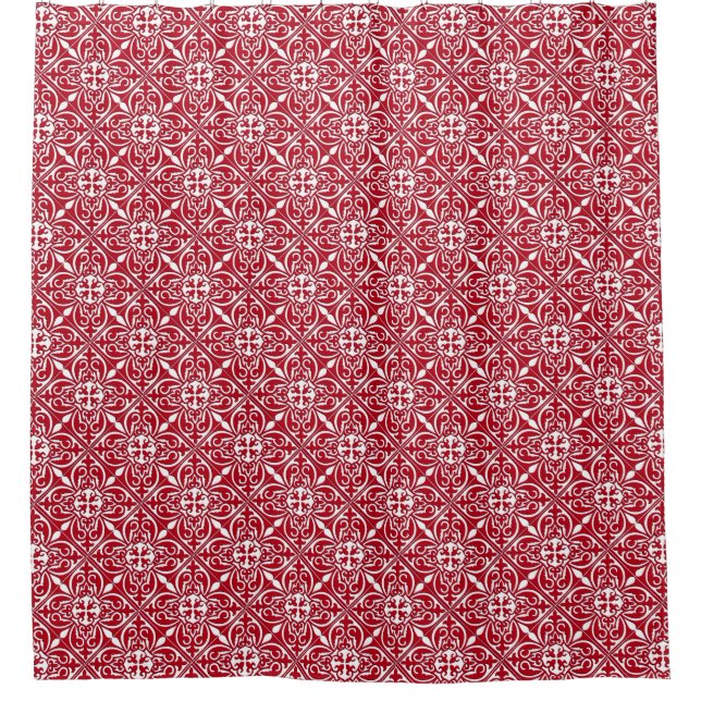 Moroccan tile - dark red and white shower curtain (Front)